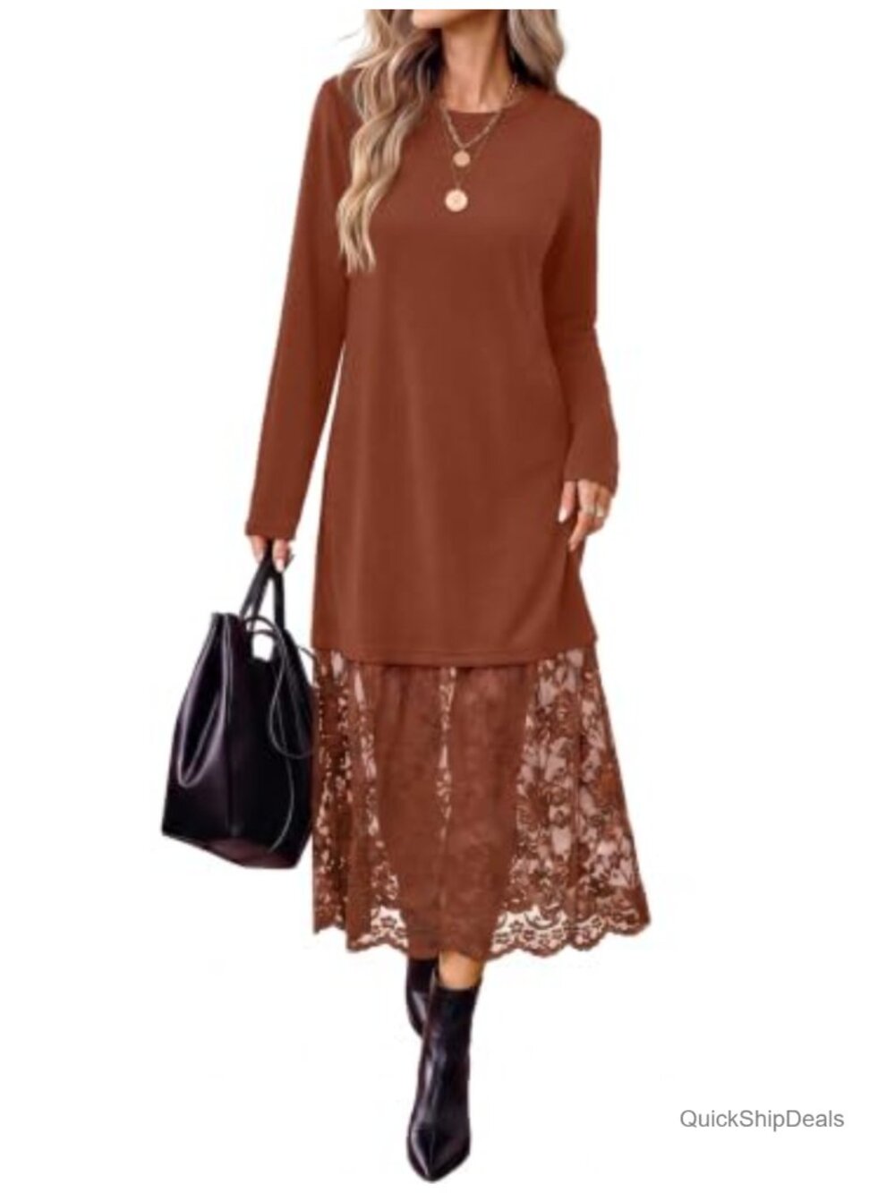 WIHOLL Midi Lace Patchwork Long Sleeve Dress Fall Wedding Guest